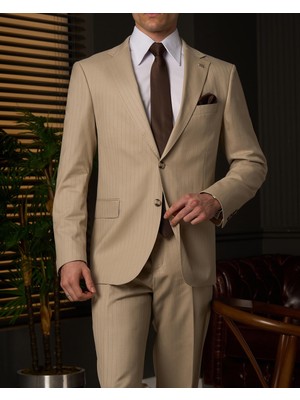 Regular Fit Erkek Mono Yaka Ceket Pantolon Takım Elbise Bej T20156-09
