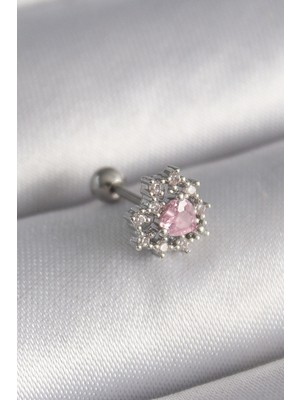 316L Çelik Gümüş Renk Zirkon Taşlı Kalp Tragus Piercing
