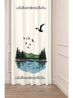 Greendecor Doğa Sakura Güneş Kuş Dağ Orman Ağaç Göl Manzara Desenli Renkli Özel Tasarımlı Dijital Baskılı Fon Perde