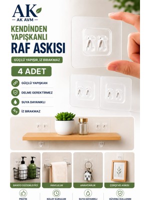 Ak Avm 4 Adet Süper Güçlü Yapışkanlı Raf ve Çerçeve Askısı – 7x7 cm