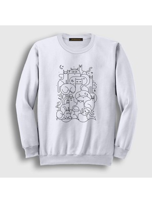 Presmono Unisex Beyaz Cats Everywhere Kedili Sweatshirt