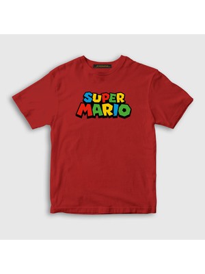 Presmono Unisex Çocuk Kırmızı Logo Oyun Super Mario T-Shirt