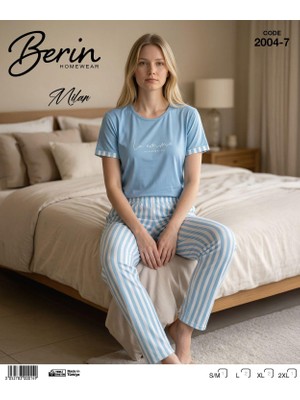 Berin Homewear Milan Kumaş Kadın Pijama Takımı Turkuaz Çizgili Kısa Kollu