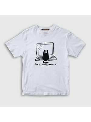 Presmono Unisex Çocuk Beyaz Cat Purrgrammer Developer Yazılımcı T-Shirt