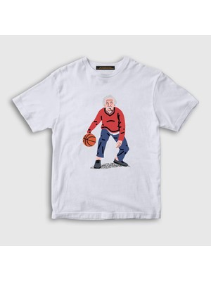 Presmono Unisex Çocuk Beyaz Basketball Basketbol Albert Einstein T-Shirt