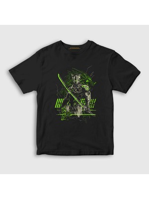 Presmono Unisex Çocuk Siyah Genji V2 Oyun Overwatch T-Shirt