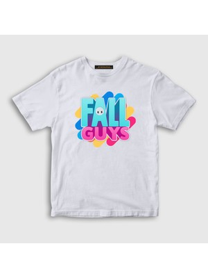 Presmono Unisex Çocuk Beyaz Logo Oyun Fall Guys T-Shirt