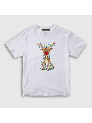 Presmono Unisex Çocuk Beyaz Adorable Reindeer Geyik Yılbaşı T-Shirt