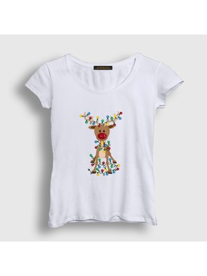 Presmono Kadın Beyaz Adorable Reindeer Geyik Yılbaşı T-Shirt