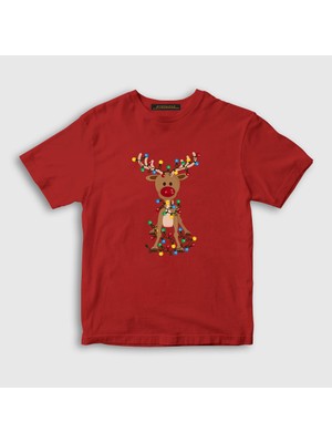 Presmono Unisex Çocuk Kırmızı Adorable Reindeer Geyik Yılbaşı T-Shirt