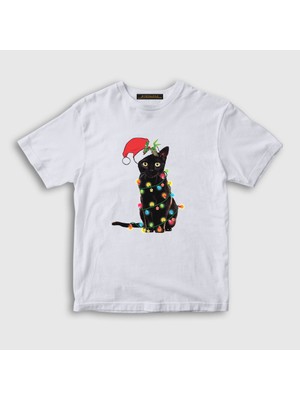 Presmono Unisex Çocuk Beyaz Lights Cat Kedi Yılbaşı T-Shirt