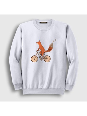 Presmono Unisex Beyaz Bicycle Fox Tilki Sweatshirt
