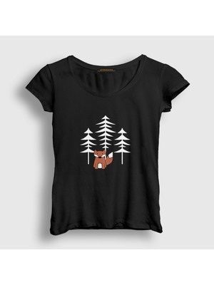 Presmono Kadın Siyah Forest Fox Tilki T-Shirt