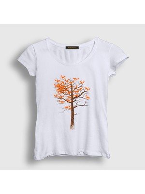 Presmono Kadın Beyaz Tree Leaves Fox Tilki T-Shirt