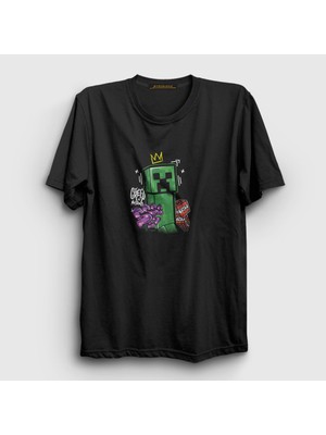 Presmono Unisex Siyah Creeper Crown Oyun Minecraft T-Shirt