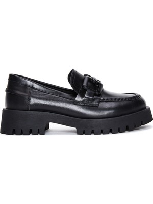 Derimod Kadın Siyah Kalın Tabanlı Deri Maskülen Loafer AF190002DV