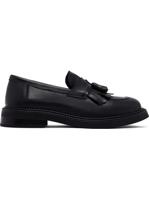 Derimod Kadın Siyah Püsküllü Deri Maskülen Loafer AF450007DV