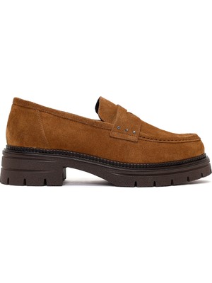Derimod Kadın Taba Kalın Tabanlı Süet Deri Maskülen Loafer AF190053DS