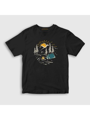 Presmono Unisex Çocuk Siyah Nature Camper Kamp T-Shirt