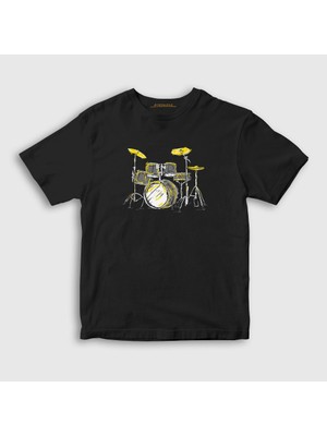 Presmono Unisex Çocuk Siyah Music Drums Bateri T-Shirt
