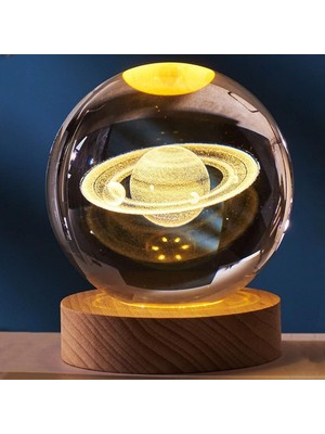 sbodurhome Dekoratif Satürn Tasarımlı Ahşap Altlıklı Işıklı Cam Küre Büyük Boy Cam:8cm Ahşap:2cm