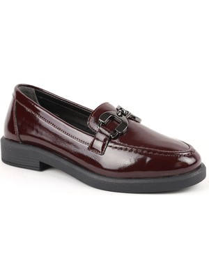Libero Kadın Günlük Ayakkabı Bordo Hakiki Deri Rugan Metal Tokalı Klasik Düz Taban Loafer L04.706