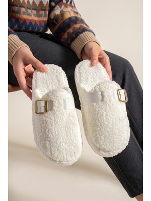 Nmoda Peluş Ev Terliği Kadın Altın Tokalı Teddy Yumuşak Ses Yapmaz Hafif Taban Kışlık Terlik