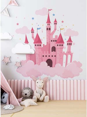 S Digital Disney Tarzı Pembe Şato Duvar Sticker Seti - Yıldız Bulut ve Kale Figürlü Çocuk Odası Duvar Dekoru - Kendinden Yapışkanlı Mat Pvc Folyo - 100X100 cm