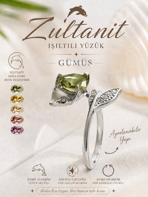 Yudi Atelier 925 Ayar Gümüş Zultanit Işıltılı Yunus Balığı Yüzük - Renk Değiştiren Taşlı Ayarlanabilir Yapı -Sevgiliye Anneye Hediye