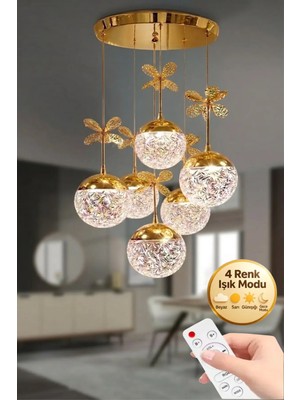 Küre Model 6"lı Kumandalı Gold 3 Renk Modu Ledli Kristal Taşlı Modern Salon Mutfak Oturma Odası LED Avize