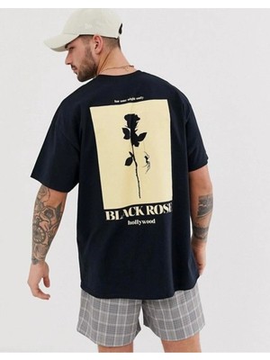 Tarzsokak Erkek Siyah Gül Sırt Baskılı Oversize Bisiklet Yaka T-Shirt