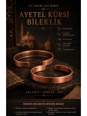 Aquasis El Yapımı Saf Bakır Bileklik - Iç Yüzeyi Ayetel Kürsi Yazılı Ayarlanabilir Kadın Erkek Model