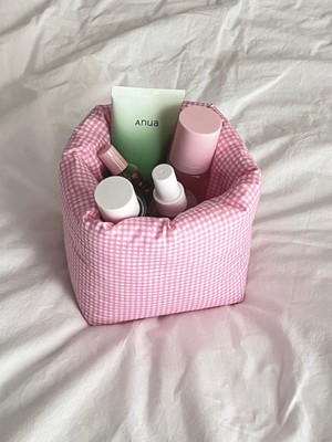 Luli Shop Pembe Kareli Çok Amaçlı Kumaş Düzenleyici Sepet – Makyaj, Cilt Bakım, Banyo ve Oda Düzenleme Sepeti – 16X16 cm