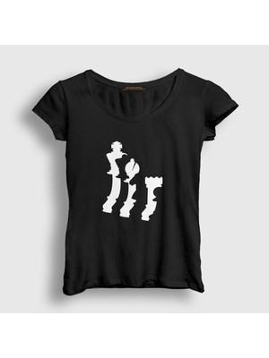 Presmono Kadın Siyah Pieces Chess Satranç T-Shirt