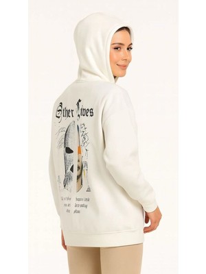 Velmora Fashion Kadın Kapüşonlu Kanguru Cepli Sweatshirt 3 Iplik Pamuklu Baskılı Hoodie - Beyaz