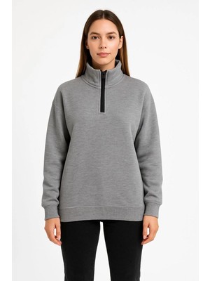 Velmora Fashion Kadın 3 Iplik Pamuklu Dık Yaka Yarım Fermuarlı Sweatshirt - Gri