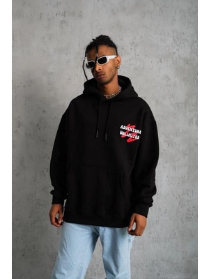 Velmora Fashion Erkek 3 Iplik Pamuklu Kapüşonlu Baskılı Cepli Oversize Sweatshirt Hoodie - Siyah