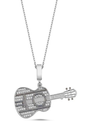 Kayra Mücevher Gitar Beyaz Altın Kaplama Gümüş Kolye HN516