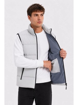 Velmora Fashion Erkek Şişme Yelek Fermuarlı Dış Cep Iç Cepli Elyaf Dolgulu Astarlı Yelek - Gri