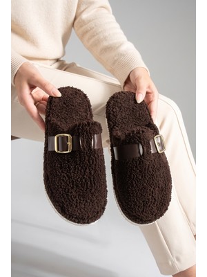 Nmoda Peluş Ev Terliği Kadın Altın Tokalı Teddy Yumuşak Ses Yapmaz Hafif Taban Kışlık Terlik