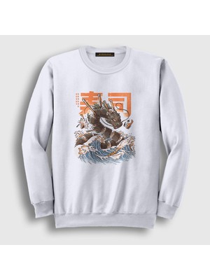Presmono Unisex Beyaz Sushi Dragon Ejderha Sweatshirt