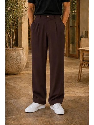 Ser Joven Erkek Kahverengi Baggy Fit Rahat Kesim Pileli Kumaş Pantolon