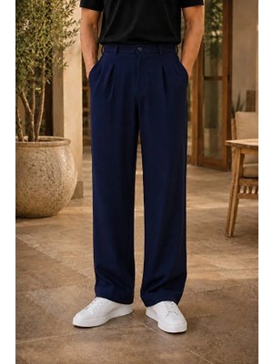 Ser Joven Erkek Lacivert Baggy Fit Rahat Kesim Pileli Kumaş Pantolon