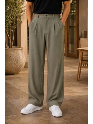 Ser Joven Erkek Haki Baggy Fit Rahat Kesim Pileli Kumaş Pantolon