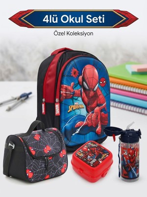 Marvel Spider-Man 3D Kabartmalı Ilkokul Çantası Seti Okul Çantası + Beslenme Çantası + Suluk + Beslenme Kabı 4lü Set