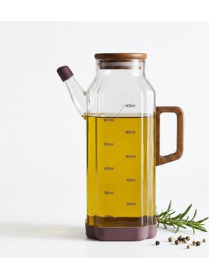Ozka Concept Deconox Akasya Ahşap Detaylı Borosilikat Cam Yağlık Sirkelik 1000 ml - Şık, Ölçülü Damlatmaz