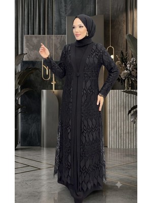 Nisanur Kadın Büyük Beden Güpürlü Ikili Abaya/abiye Elbise