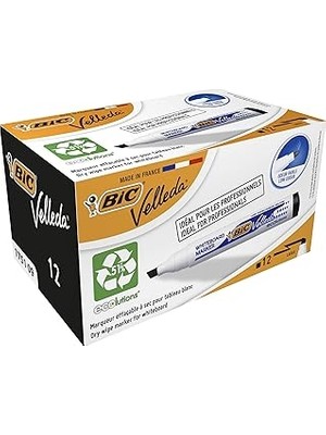 Uravas Store Bıc Velleda 1751 Eco Kesik Uçlu Beyaz Tahta Kalemi, Siyah, 12'li Kutu, 3,7 mm ile 5,5 mm Kalın Uç,kuru Silinebilir Mürekkep