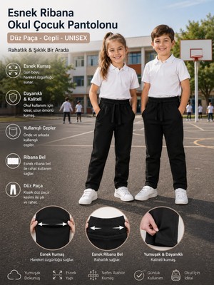 Qulat Esnek Ribana Erkek Kız Çocuk Okul Pantolonu – Unisex Düz Paça Cepli Rahat Kalıp
