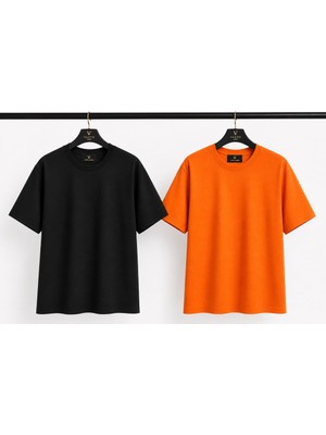 Vasto Moda Siyah - Turuncu Beyaz - Turuncu 2'li Erkek Oversize Tişört